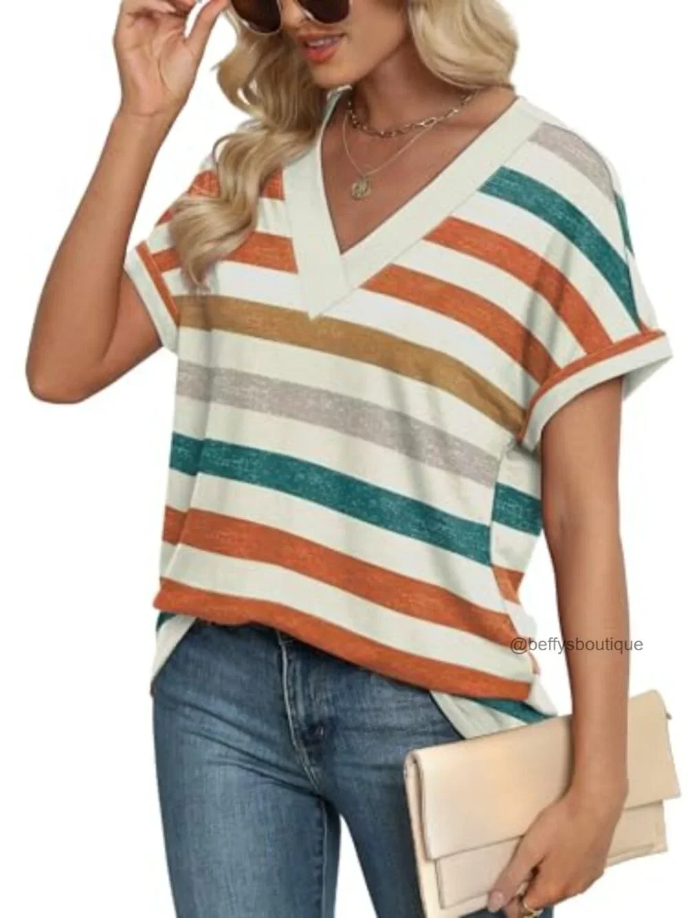 Womens V-Neck Striped Short Sleeve T-Shirt Dolman Top 95% Polyester 5% Spandex